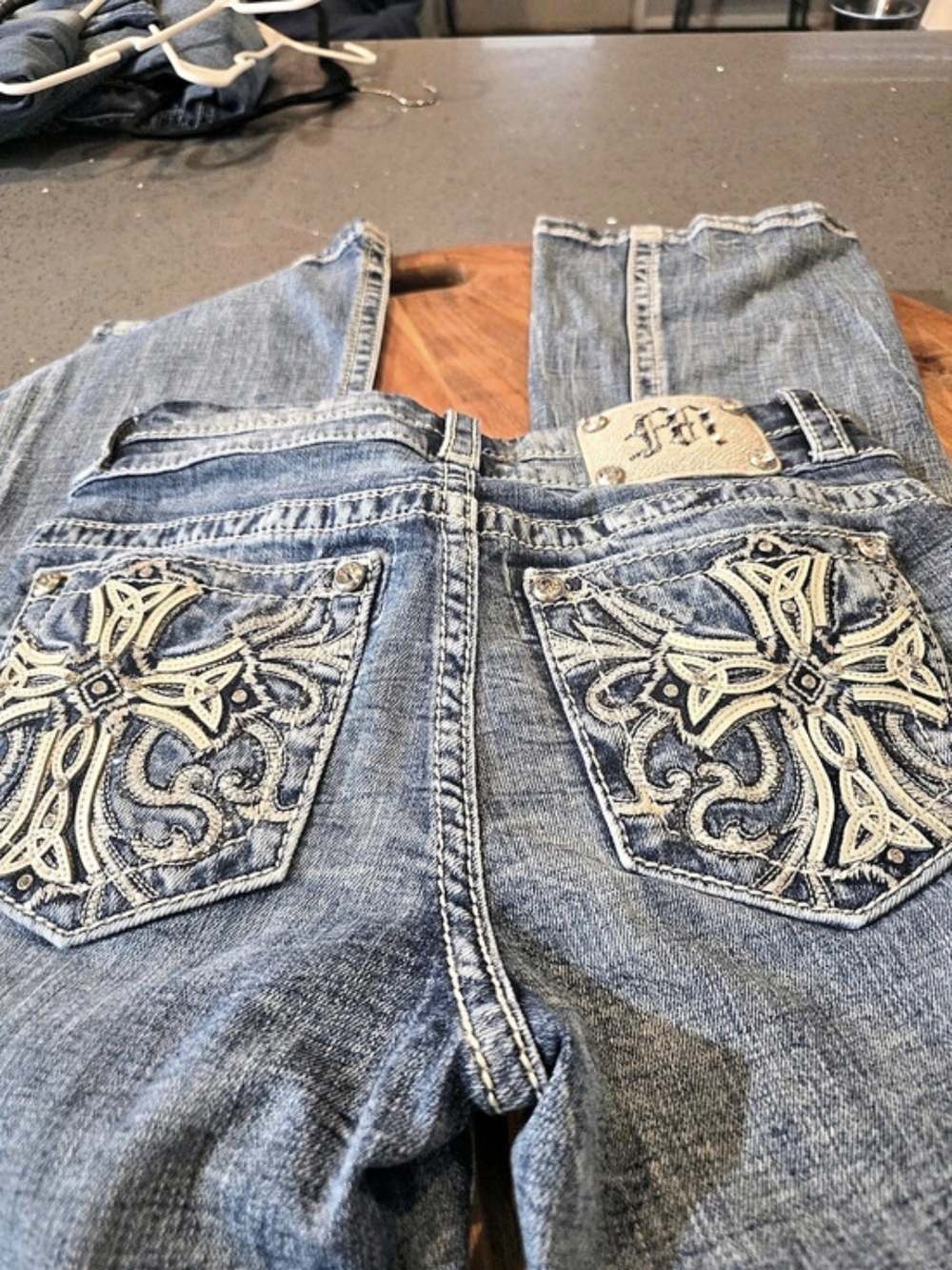 Miss Me Rhinestone Cross Embellished Bootcut Jeans Blue Waist 26